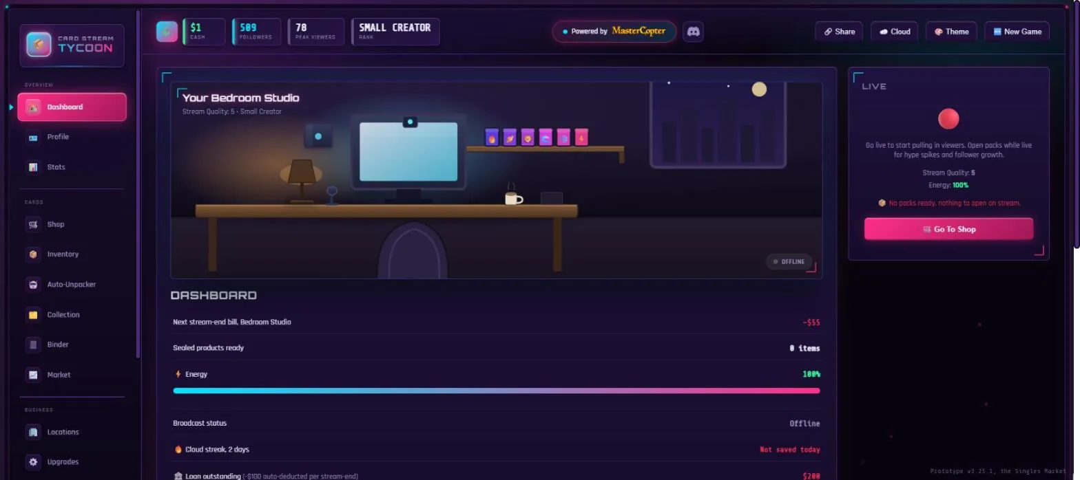 Card Stream Tycoon: the bedroom studio dashboard with cash, followers and peak viewers